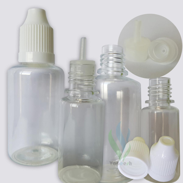 4 Round clear PET dropper bottles in different sizes & 2 white caps & 2 natural tips
