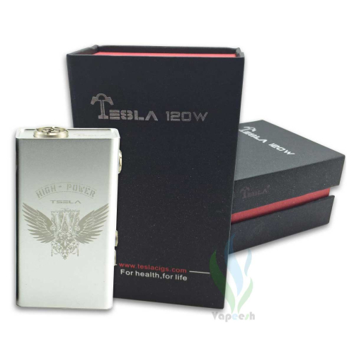 Silver Tesla Metal 120W TC Mod and its black packaging box in horizontal & in vertical positions