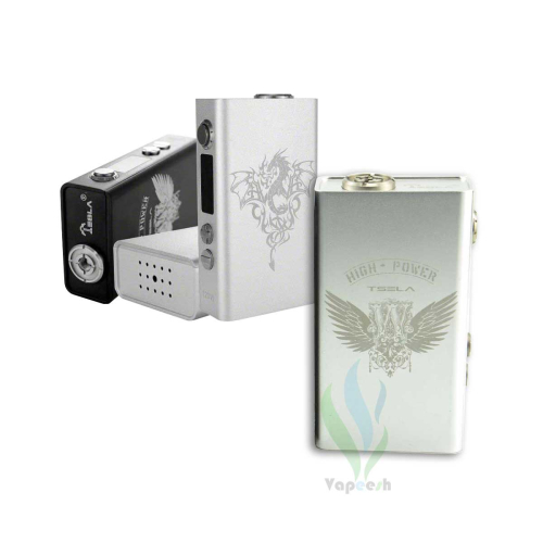 3 Silver Tesla Metal 120W TC mods in different positions and a black mod